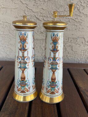 Mid Century Hand-Decorated Lenox Lido Salt Shaker & Pepper Mill Set